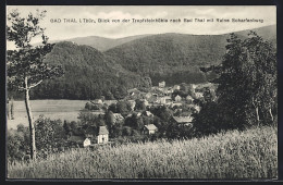 AK Bad Thal I. Thür., Blick Von Der Tropfsteinhöhle Nach Dem Ort Mit Ruien Scharfenburg  - Autres & Non Classés