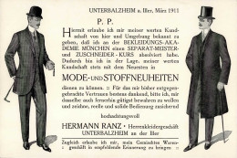 Unterbalzheim (7959) Herrenkleiderhandlung Ranz Werbekarte 1911 I- - Other & Unclassified