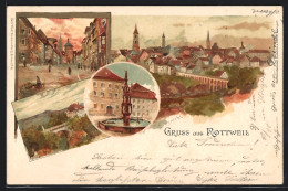 Lithographie Rottweil, Strassenpartie, Brücke, Brunnen  - Rottweil