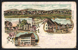 Lithographie Neuhausen, Schule Mit Rathaus, Kirche, Post U. Gasthaus Zur Krone  - Altri & Non Classificati