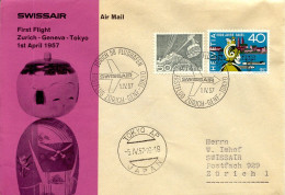 Aérophilatélie-SWISSAIR First Flight ZURICH-GENEVA-TOKYO 1st April 1957-cachet De Zurich Du 01.04.57 - First Flight Covers