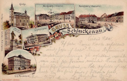 Schluckenau Vorläufer K.K. Fachschule Marktplatz Kirche Schützenhaus Denkmal Joseph II. 1895 I-II (Ecke Gestaucht, RS Fl - Czech Republic