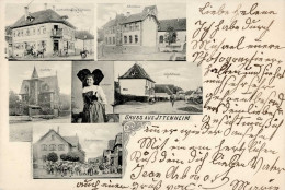 Ittenheim (Elsass) Epicerie Handlung Schule Apotheke Tracht Frau Elsässerin Schulzengasse 1902 II- (Bugspuren) - Autres & Non Classés