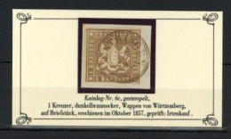Altdeutschland Württemberg 1 Kreuzer Wappen Auf Briefstück Geprüft Irtenkauf BPP - Sonstige & Ohne Zuordnung