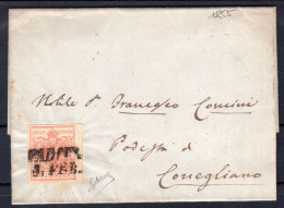 1855 5 FEB CARTA A MACCHINA C.15   III TIPO  SASS.20 CON MARGINI BELLISSIMI  USATO  SU PIEGO DI LETTERA CON TESTO  DA PA - Lombardo-Veneto