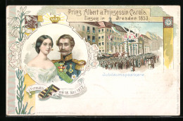 Lithographie Dresden, Prinz Albert Von Sachsen Und Prinzessin Carola Beim Einzug In Die Stadt 1853  - Royal Families