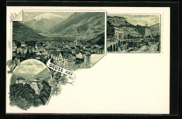 Lithographie Meran, Schloss Tirol, Gilfpromenade, Panoramablick Auf Die Stadt  - Autres & Non Classés