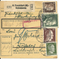 DR 1942, 4 Werte Auf Wert Paketkarte M. Nachgebühr V. Frankfurt-Eckenheim - Lettres & Documents