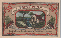 50 PFENNIG 1921 Stadt TONNDORF-LOHE Schleswig-Holstein DEUTSCHLAND #PG286 - [11] Emissioni Locali