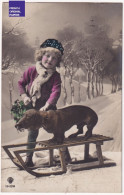 Scène De Noël - Rare CPA 1919 - Dachshund Vintage Postcard Dackel Dog Chien Enfant Fille Teckel Hiver Neige A62-8 - Cani