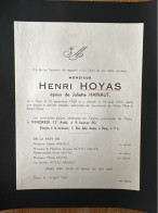 Monsieur Henri Hoyas époux Hainaut Juliette *1900 Thieu +1962 Thieu Darche - Obituary Notices