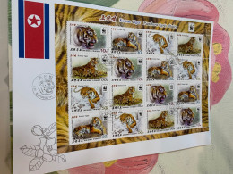 Korea Stamp FDC WWF Tiger 2017 Sheet Perf Official Local Cover - Corea Del Nord
