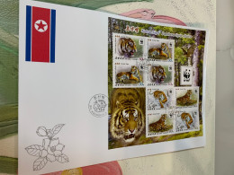 Korea Stamp FDC WWF Tiger 2017 Sheet Perf Official Local Cover - Korea (Noord)