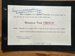 Mm J. Kamps & Cie Ingenieurs à Bruxelles Leur Perte De Leur Ami : Monsieur Paul Hirsch *1890+1947 Bruxelles - Obituary Notices