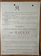 Mademoiselle Marie Ferdinande Anne Helene Ghislaine De Haerne *1856 +1905 Gand Akkergem Gaillard Hye - Avvisi Di Necrologio