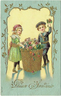 Carte Gaufrée. Couple D'Enfants Et Fleurs. Doux Souvenir. - Sonstige & Ohne Zuordnung