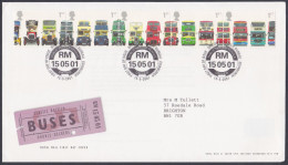 GB Great Britain 2001 FDC Buses, Bus, Automobile, Public Transport, Pictorial Postmark First Day Cover - Lettres & Documents