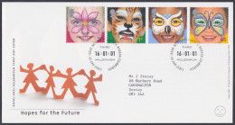 GB Great Britain 2001 FDC Hopes For The Future, Flower, Flowers, Butterfly, Art. Children, Child, First Day Cover - Brieven En Documenten