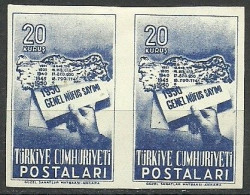 Turkey; 1950 Census 20 K. ERROR "Imperf. Perf." - Unused Stamps