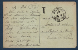 59  MAUBEUGE GARE, 7 6 1924, CP Non Affranchie Signalée à Taxer Pour Nogent Le Roi, Taxe Non Perçue, (voir Destinataire) - 1859-1959 Storia Postale