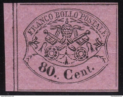 1867 Stato Pontificio, N° 20 80 Cent. Rosa Lillaceo MLH/* MARGINE DI FOGLIO - Etats Pontificaux