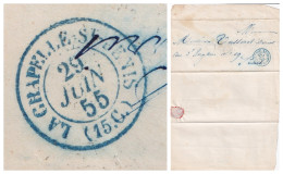 LAS. 29 JUIN 1855. CACHET BLEU LA CHAPELLE-ST DENIS. TAXE 15c. SEINE. POUR PARIS - 1849-1876: Klassik