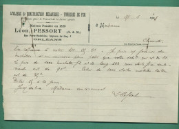 45 Orléans Pessort Léon Construction Mécanique Fonderie De Fer 27 04 1908 - Ambachten
