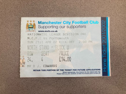 Manchester City V Portsmouth 2001-02 Match Ticket - Biglietti D'ingresso