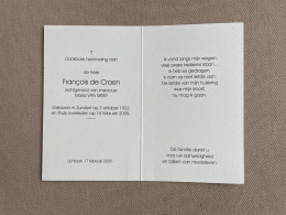 DE CRAEN François °ZUNDERT 1922 + 2005 - VAN MEER - Lichtaart - Todesanzeige