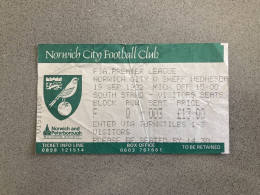 Norwich City V Sheffield Wednesday 1992-93 Match Ticket - Tickets & Toegangskaarten