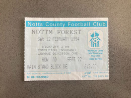 Notts County V Nottingham Forest 1993-94 Match Ticket - Tickets & Toegangskaarten
