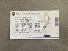 Notts County V Plymouth Argyle 2016-17 Match Ticket - Biglietti D'ingresso