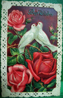 CPA  Gaufrée BELLES FLEURS 2 OISEAUX Cadre Dentelle, ROSES , COLOMBES , 1914, FLOWERS DOVE LACE FRAMED EMBOSSED  OLD PC - Bloemen