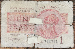 Billet De 1 Franc MINES DOMANIALES DE LA SARRE état Français A 763734  Cf Photos - 1947 Sarre