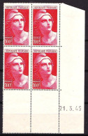 733 - 100F Carmin Gandon - Bloc De 4 CDF Daté 21.3.45 - Neuf N** (gomme Vieillie, Légèrement Perturbée) - 1945-54 Marianne Of Gandon