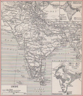 Cartes De L' Inde. Carte Politique Avec Voies Ferrées, Densité De La Population, Productions. Larousse 1948. - Documents Historiques