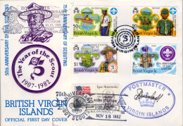 1982 BRITISH VIRGIN ISLANDS , TEMA SCOUT , SOBRE DE PRIMER DIA , FIRST DAY COVER , BADEN POWELL - Storia Postale