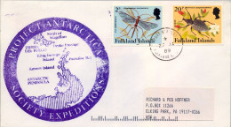 1989 ISLAS MALVINAS , FALKLAND  ISLANDS , PROJECT ANTARCTICA SOCIETY EXPEDITIONS , SOBRE CONMEMORATIVO , INSECTOS - Falklandeilanden