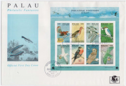 Philatelic Fantasies, OWL, Dove, Kingfisher, Bird,  Animal, Birds With Mail Letter & Parcel Flight, Full Sheet FDC Palau - Fledermäuse