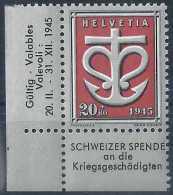 Kriegsgeschädigten W20, 20 Rp.rot/grau/schwarz ** (Eckrandstück)     1945 - Ongebruikt