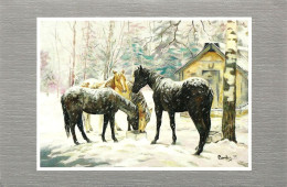 *CPM - Carte Double - "Chevaux En Hiver" Acrylique De C. TRESIERRA (handicapé) - Peintures & Tableaux