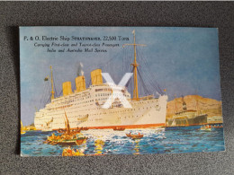 P&O ELECTRIC SHIP STRATHNAVER OLD COLOUR ART POSTCARD  SHIPPING STEAMER INDIA  AUSTRALIA MAIL SERVICE - Paquebote