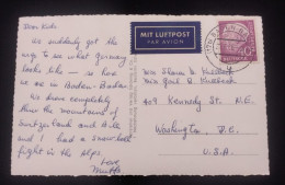 D)1956, GERMANY, POSTCARD SENT TO U.S.A, AIR MAIL, WITH STAMP BASIC SERIES, PRESIDENT DR. THEDORE HEUSS 40C, XF - Autres & Non Classés