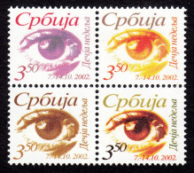 Yugoslavia Serbia 2002 Children's Week Eyes Tax Charity Surcharge, 27, 28, 37 And 38 Position In Sheet In Block Of 4 MNH - Nuevos