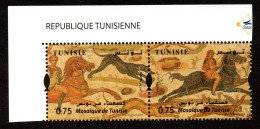 2024- Tunisia - Mosaics - Hunting- Horsemen- Dog- Rabbit- Strip Of 2 Stamps - MNH** - Archäologie