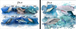 Liberia 2023, Animals, Sharks, 6val In BF +BF - Fishes