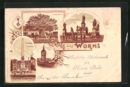 Lithographie Worms, Lutherbaum, Lutherdenkmal & Wasserthurm  - Worms