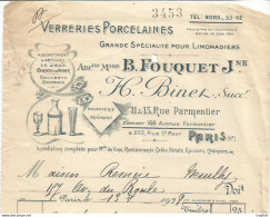 CA / Facture Ancienne 1928 Verrerie PORCELAINE FOUQUET PARIS Carte A Jouer Couverts Jeux Timbre Fiscal - Artigianato