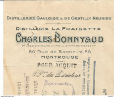 M11 Cpa / Old Invoice Facture LETTRE Ancienne Charles BONNYAUD Montrouge 1927 DISTILLERIE LA FRAISETTE Timbres Fiscaux - Old Professions