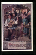 Künstler-AK Franz Kuderna, Deutscher Schulverein Nr. 808: Küssendes Paar Im Gasthaus, Gitarrenspieler  - Weltkrieg 1914-18